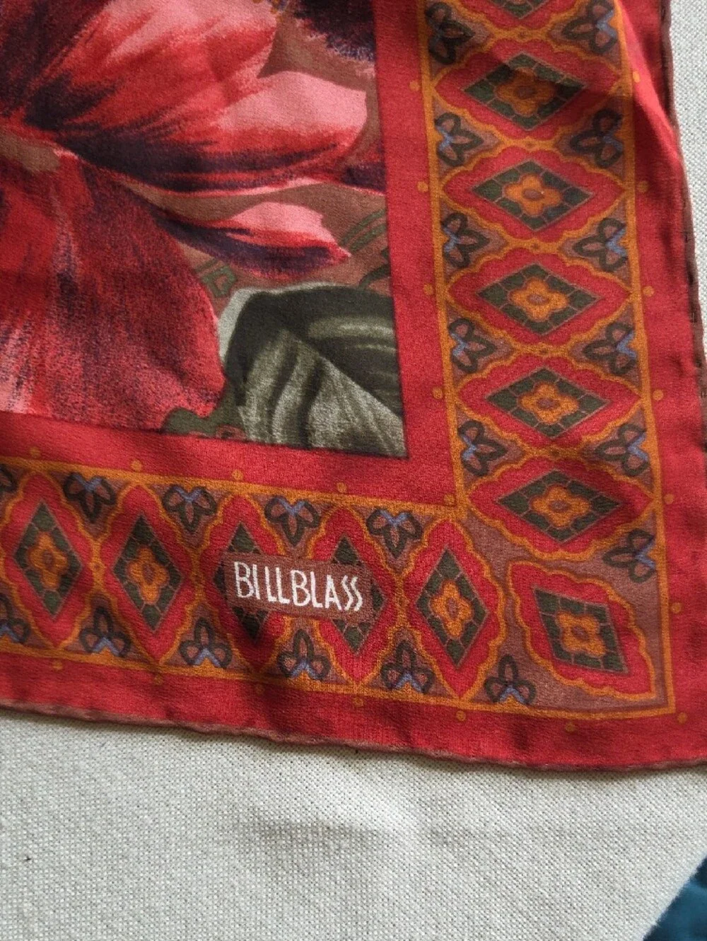 bill blass Red, Orange, Green Floral Silk Scarf